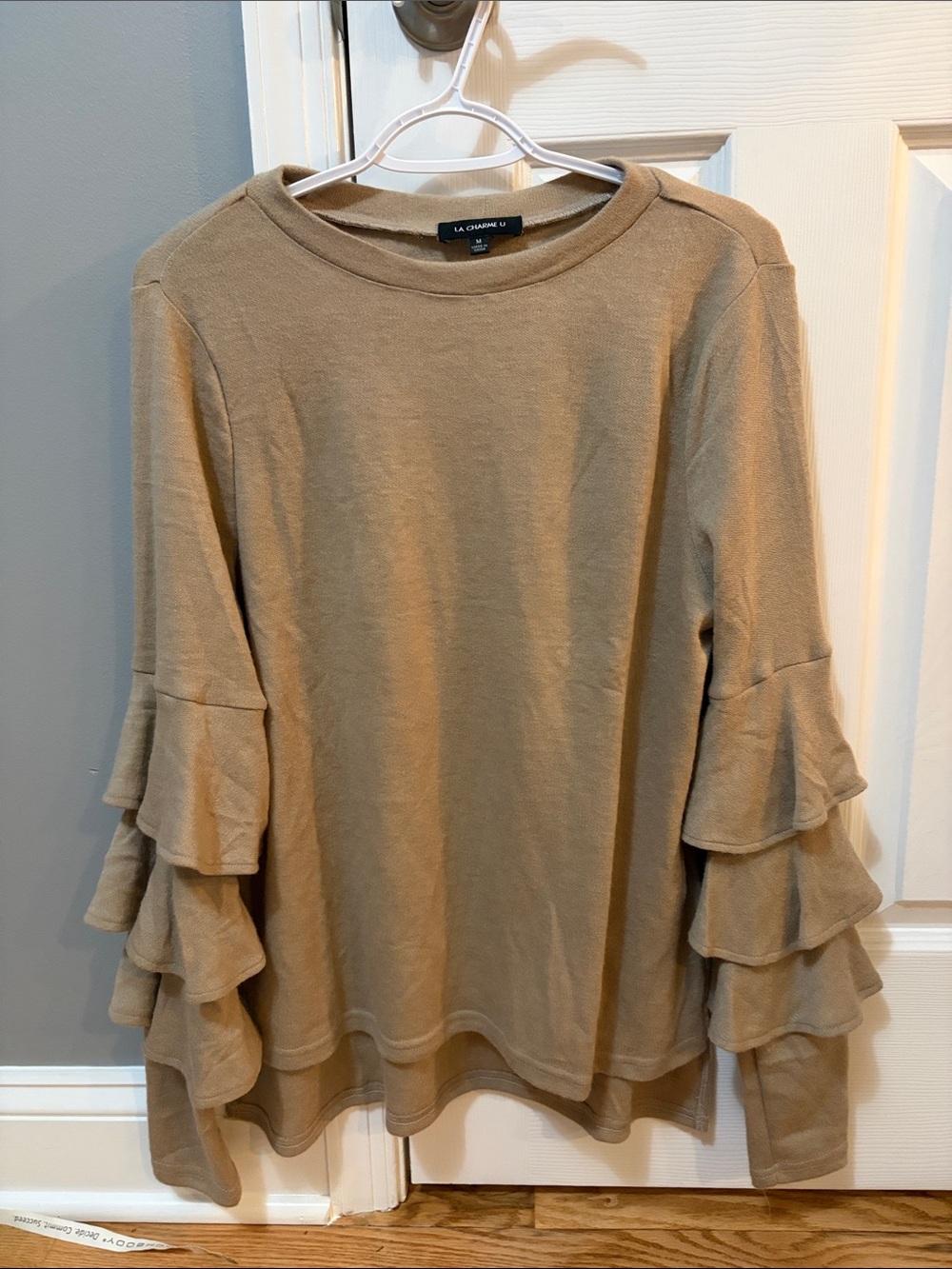 La Charme U Ruffle-Sleeve Women's Top in Camel- Size Medium